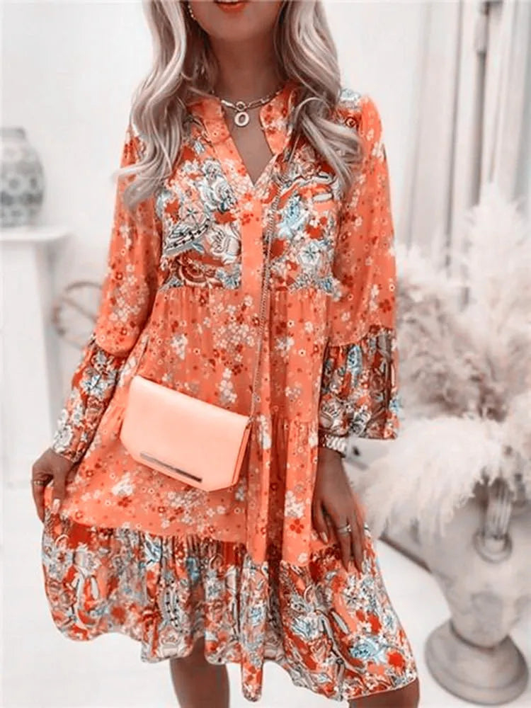 Helena | Blumiges A-Linien-Kleid mit V-Ausschnitt