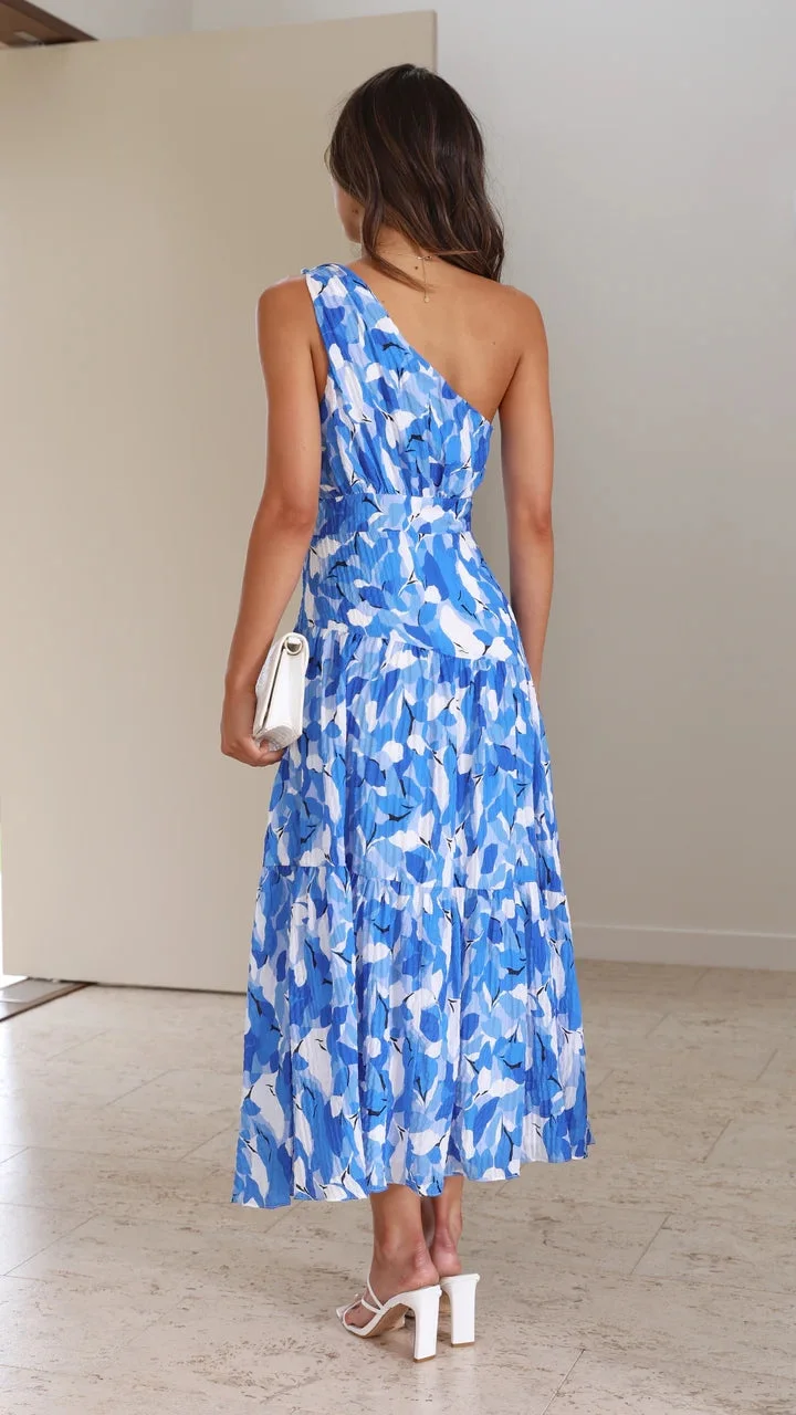 Vanessa | Blaues Midi-Blumenkleid mit einem Schulterfrei