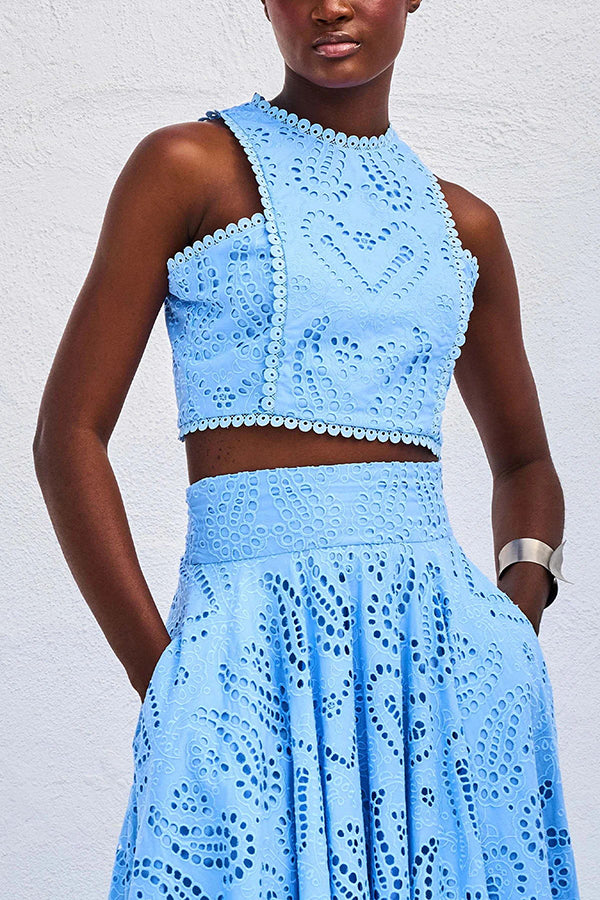 Zweiteiliges Set mit Stickereien und langem High-Waist-Rock mit Taschen