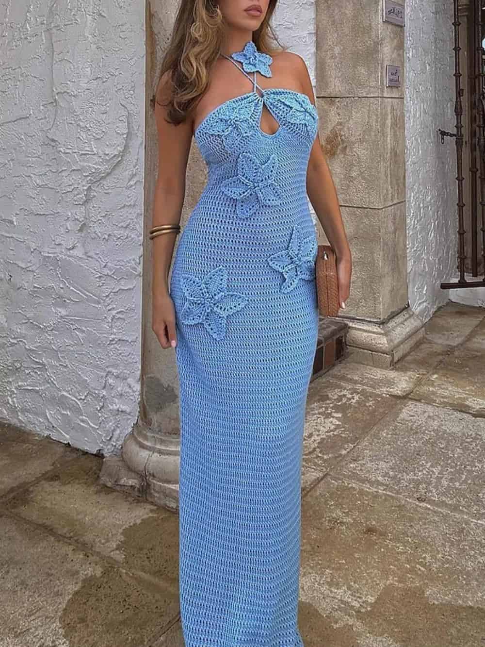 Gabriela | 3D-Blumenverziertes Häkel-Neckholder Maxikleid