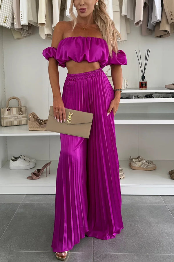 Jorie | Elegantes Set mit schulterfreiem Crop-Top und plissierten, weit geschnittenen Hosen
