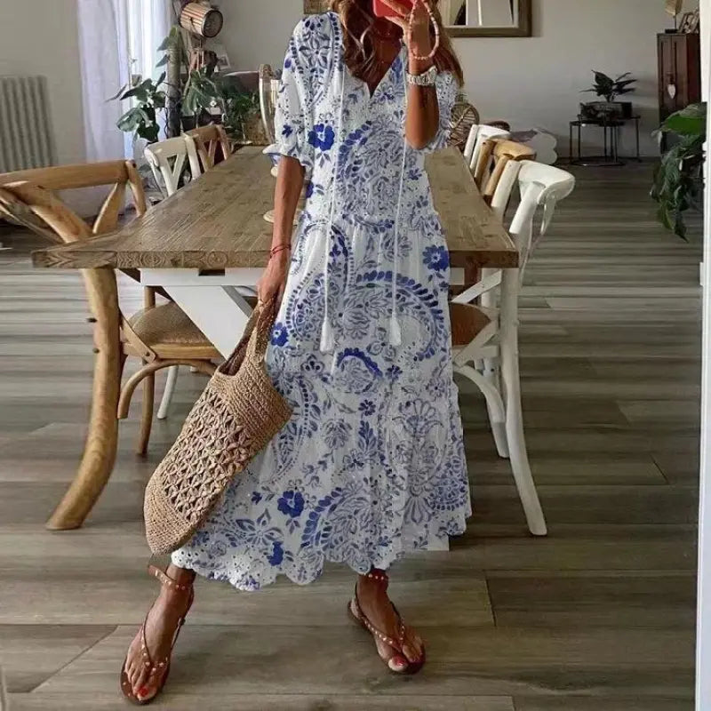 Wendy | Langes Boho-Chic-Spitzenkleid in Weiß mit Volants