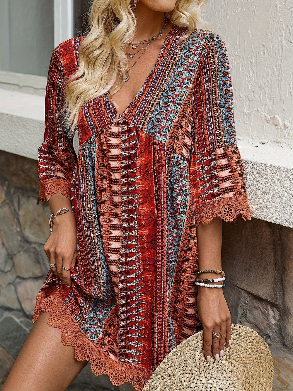 Sofie | V-Ausschnitt Kleid mit Spitzenbesatz