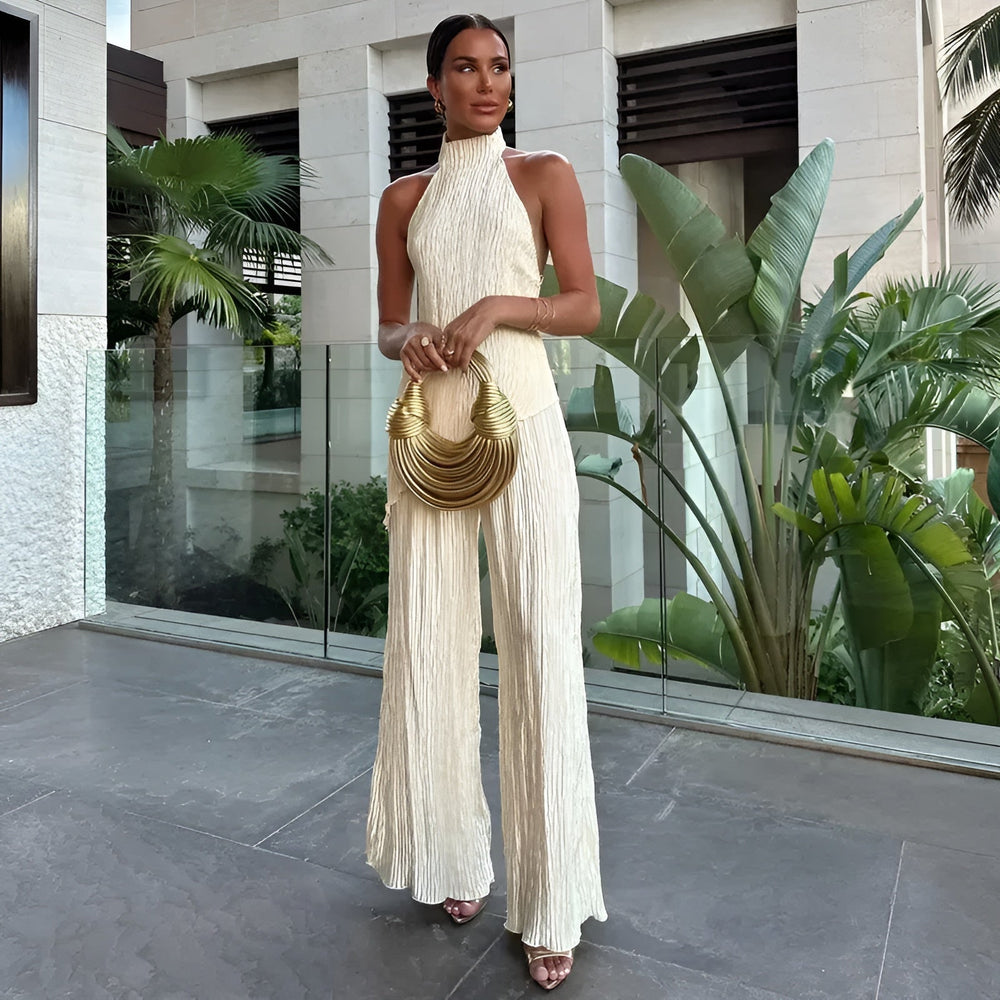 Hazel | Asymmetrisches Halter-Crop-Top mit weitem Hosen-Set
