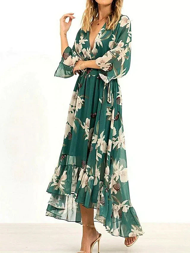 Marta | Grünes Kleid mit 3/4-Ärmeln und V-Ausschnitt mit Muster