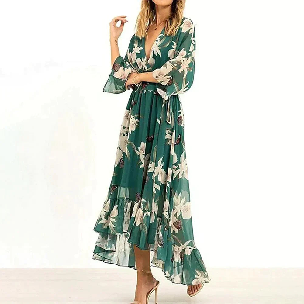 Marta | Grünes Kleid mit 3/4-Ärmeln und V-Ausschnitt mit Muster