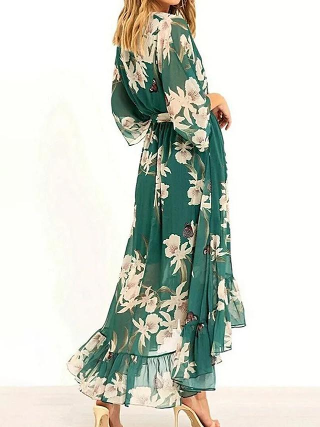 Marta | Grünes Kleid mit 3/4-Ärmeln und V-Ausschnitt mit Muster