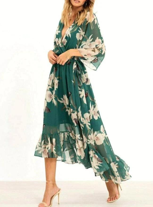 Marta | Grünes Kleid mit 3/4-Ärmeln und V-Ausschnitt mit Muster